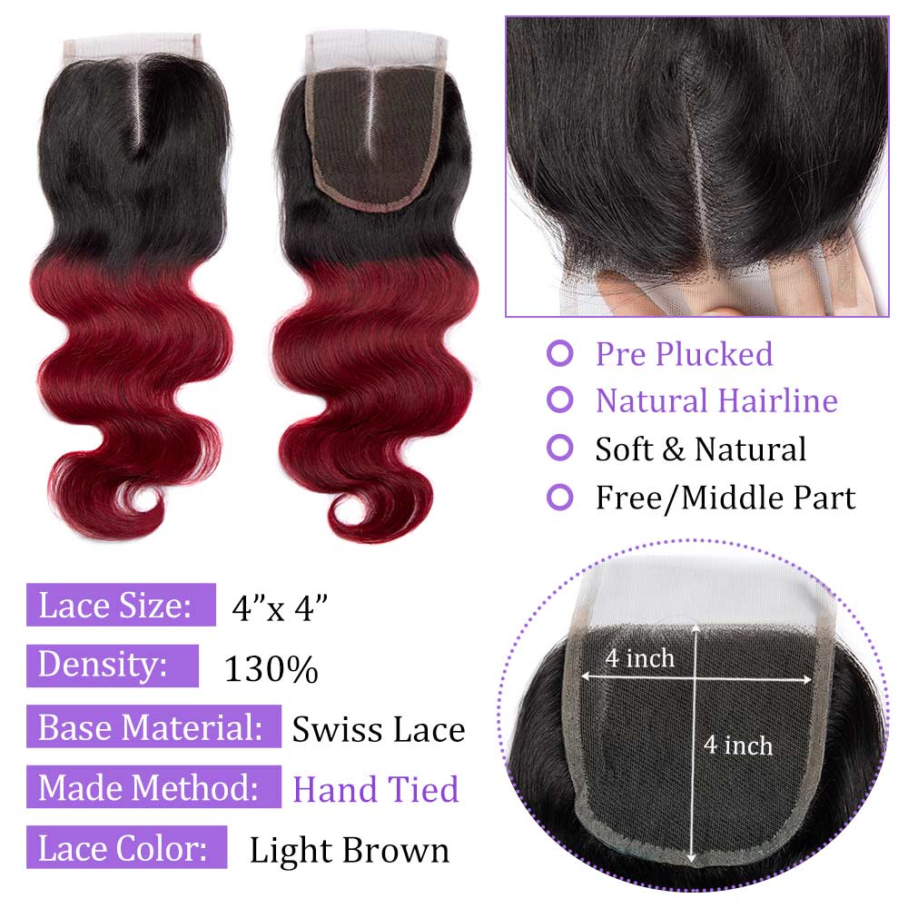 Modern Show Body Wave 1B/Burgundy Ombre Color Lace Closure Human Hair 4x4 Swiss Lace Closure With Baby Hair