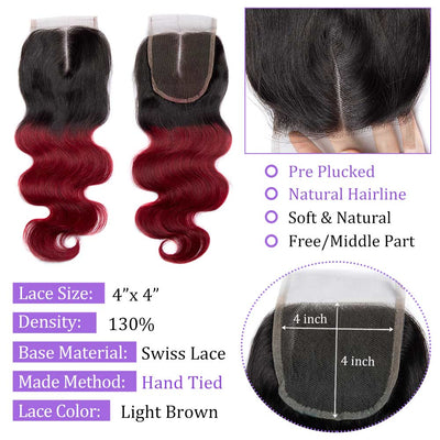 Modern Show Body Wave 1B/Burgundy Ombre Color Lace Closure Human Hair 4x4 Swiss Lace Closure With Baby Hair