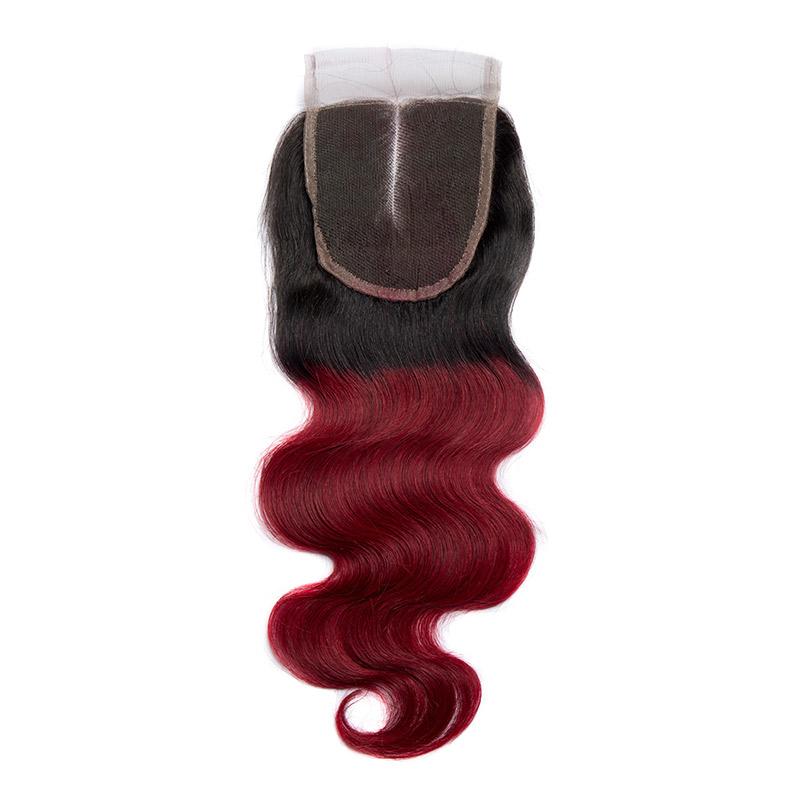 Body Wave Closure Black roots Burgundy Ombre Color Hair 4x4 Swiss Lace ...