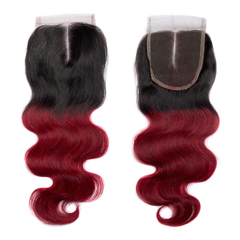 Modern Show Body Wave 1B/Burgundy Ombre Color Lace Closure Human Hair 4x4 Swiss Lace Closure With Baby Hair