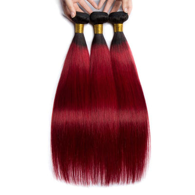 Modern Show Ombre Straight Human Hair Bundles With Frontal 1B/Burgundy Color Brazilian Weave 3pcs With Lace Frontal Closure