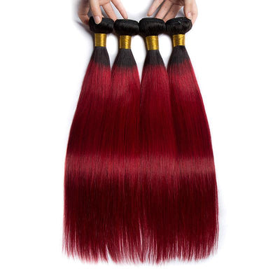 Modern Show Black Roots Burgundy Straight Hair Brazilian Human Hair Weave 4 Bundles Two Tone Color Hair Weft