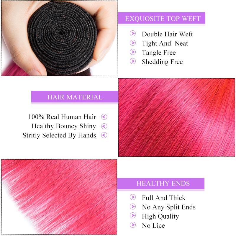 Modern Show 1B/Pink Ombre Hair Extensions Brazilian Straight Human Hair Weave 1 Bundle Two Tone Color Remy Hair Weft