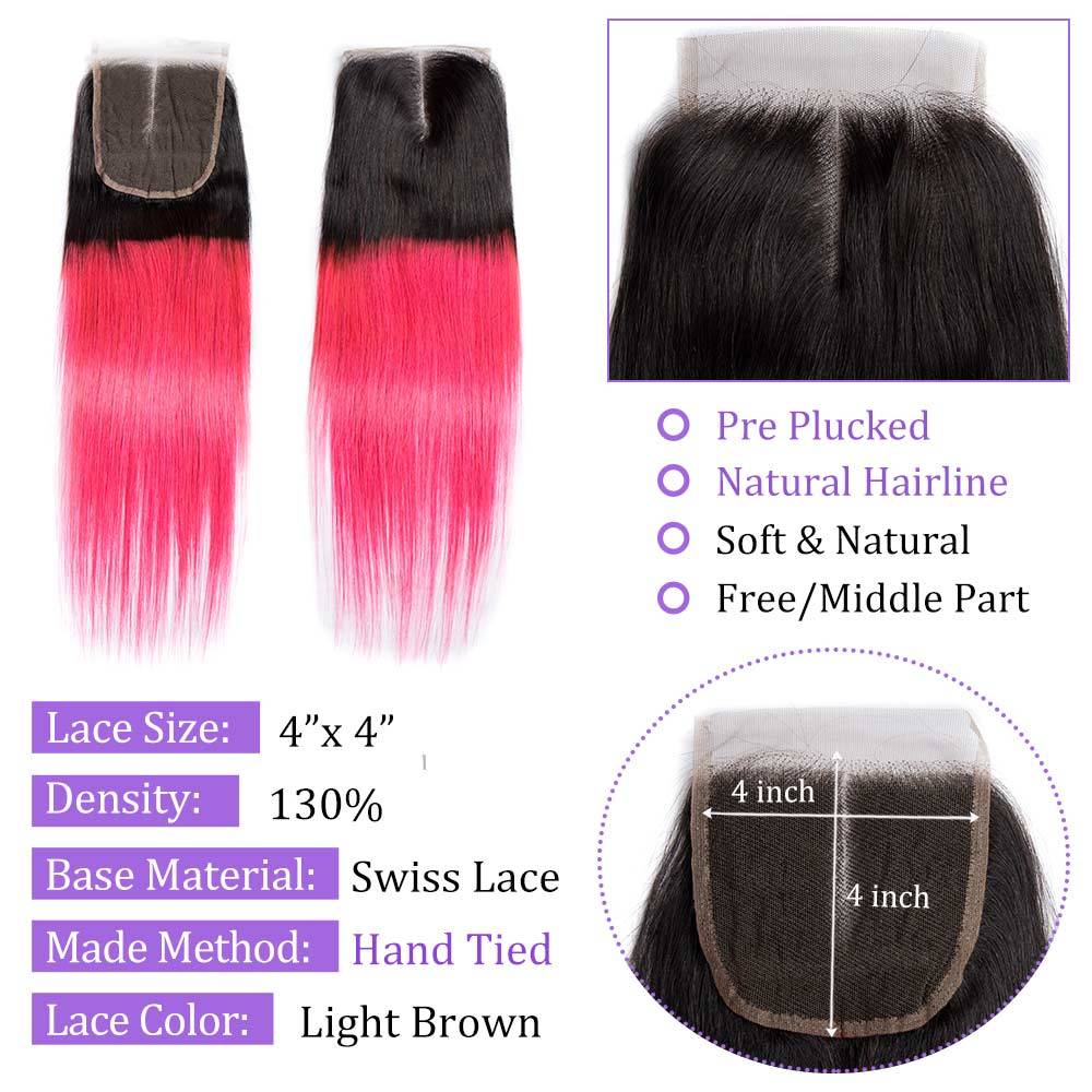 Modern Show 1B/Pink Ombre Hair 4 Bundles With Closure Brazilian Straight Human Hair Weave With 4x4 Lace Closure