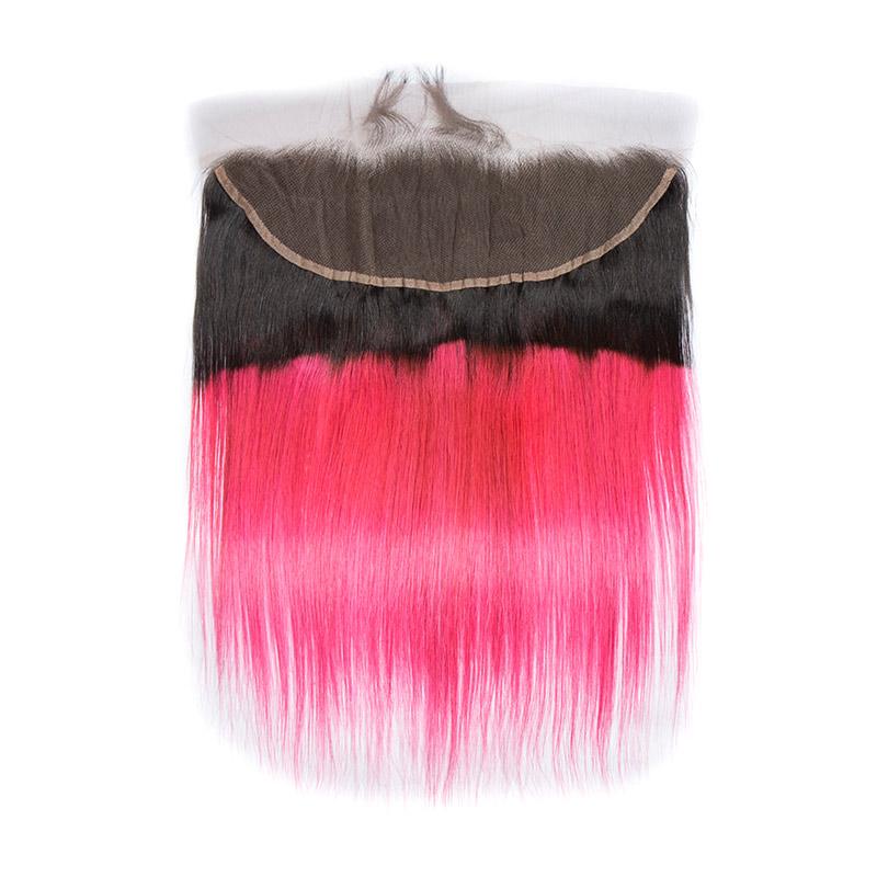 Modern Show 1B/Pink Ombre Color Straight Human Hair Bundles With Frontal Brazilian Weave 3pcs With Lace Frontal Closure