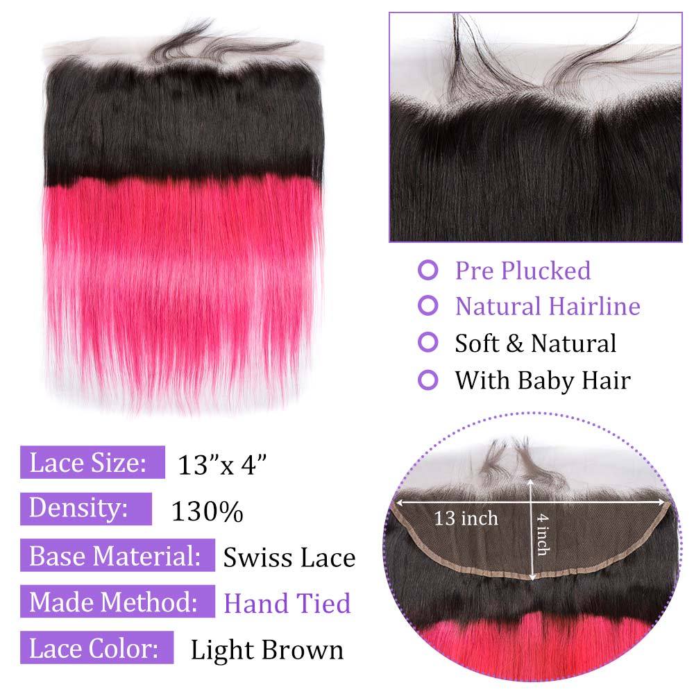 Modern Show 1B/Pink Ombre Color Straight Human Hair Bundles With Frontal Brazilian Weave 3pcs With Lace Frontal Closure