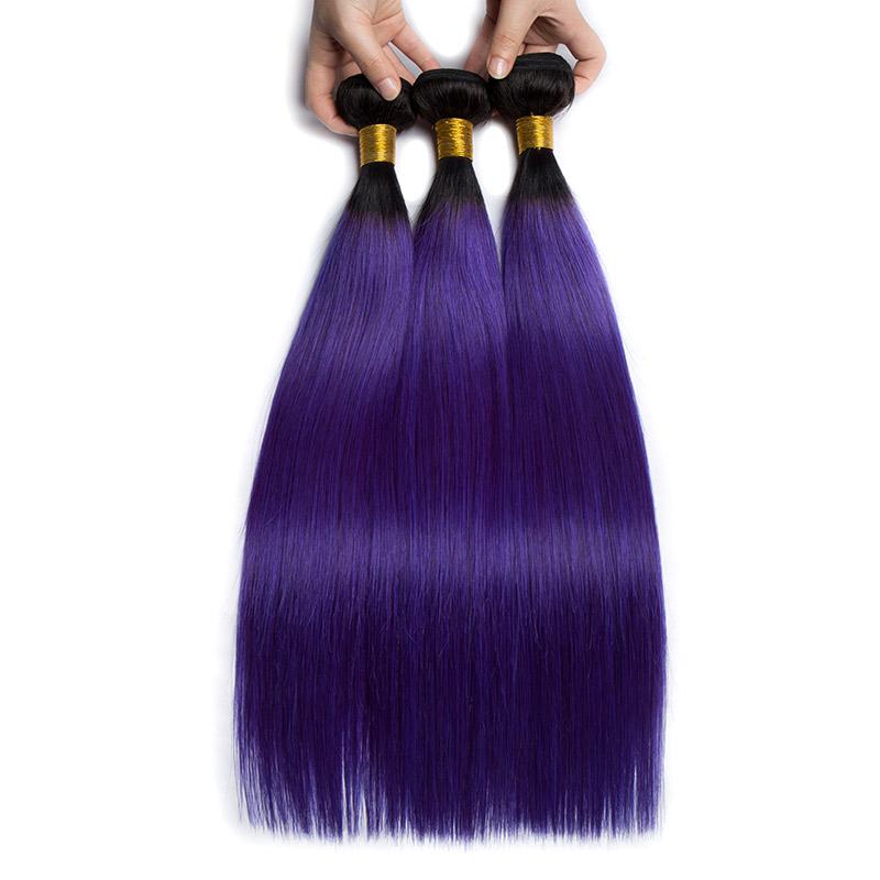 Modern Show Black Roots Purple Hair Straight Hair Bundles 3Pcs Long Brazilian Weave Human Hair Extensions