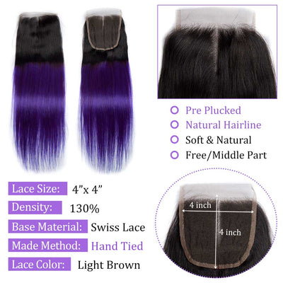 Modern Show 1B/Purple Ombre Hair Straight 4 Bundles With Closure Brazilian Human Hair Weave With 4x4 Lace Closure