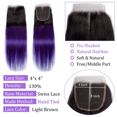 Modern Show 1B/Purple Ombre Color Straight Hair 3 Bundles With Closure Brazilian Weave Human Hair With 4x4 Lace Closure