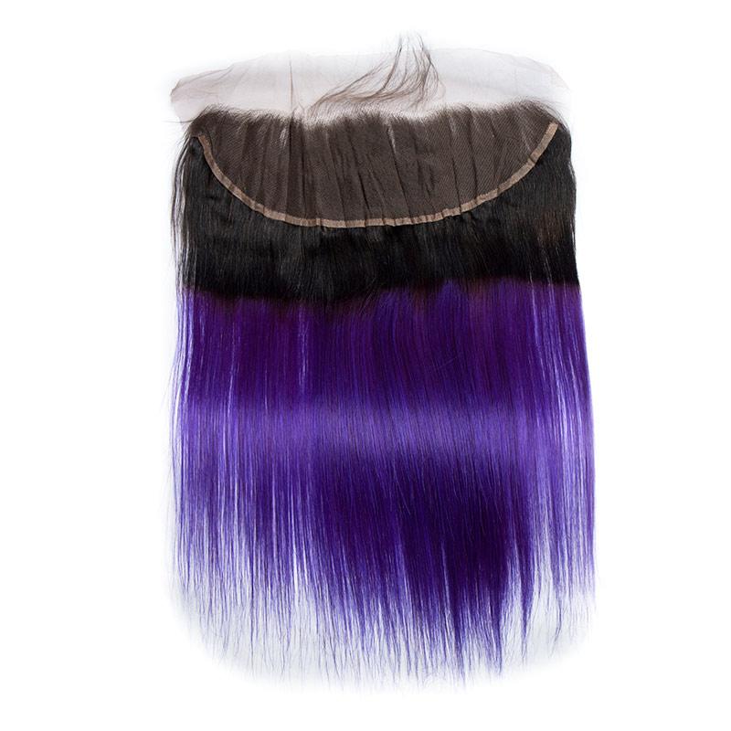 Modern Show 1B/Purple Ombre Color Straight Human Hair Bundles With Frontal Brazilian Weave 3pcs With Lace Frontal Closure