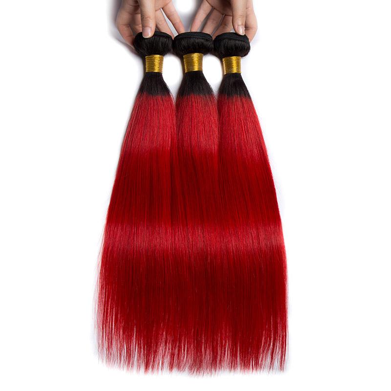 Modern Show 1B/Red Color Ombre Straight Hair Bundles With Frontal Human Hair Brazilian Weave 3pcs With Lace Frontal Closure