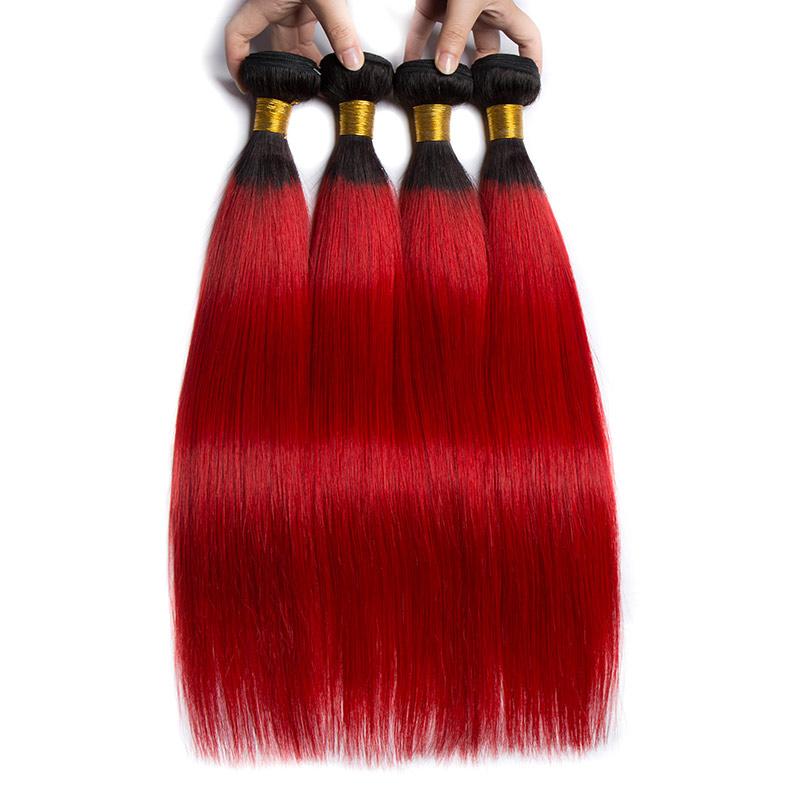 Modern Show Black Roots Red Hair Brazilian Straight Human Hair Weave 4 Bundles Two Tone Color Hair Weft