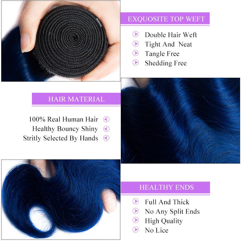 Modern Show Ombre Body Wave Hair Bundles Long Brazilian Human Hair Weave 3Pcs Two Tone 1B/Blue Color Hair Extensions