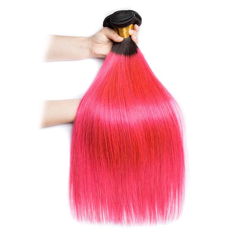 Modern Show Black Roots Pink Hair Straight Hair Bundles 3Pcs Long Brazilian Human Hair Weave