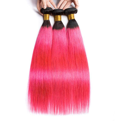 Modern Show 1B/Pink Ombre Color Straight Human Hair Bundles With Frontal Brazilian Weave 3pcs With Lace Frontal Closure