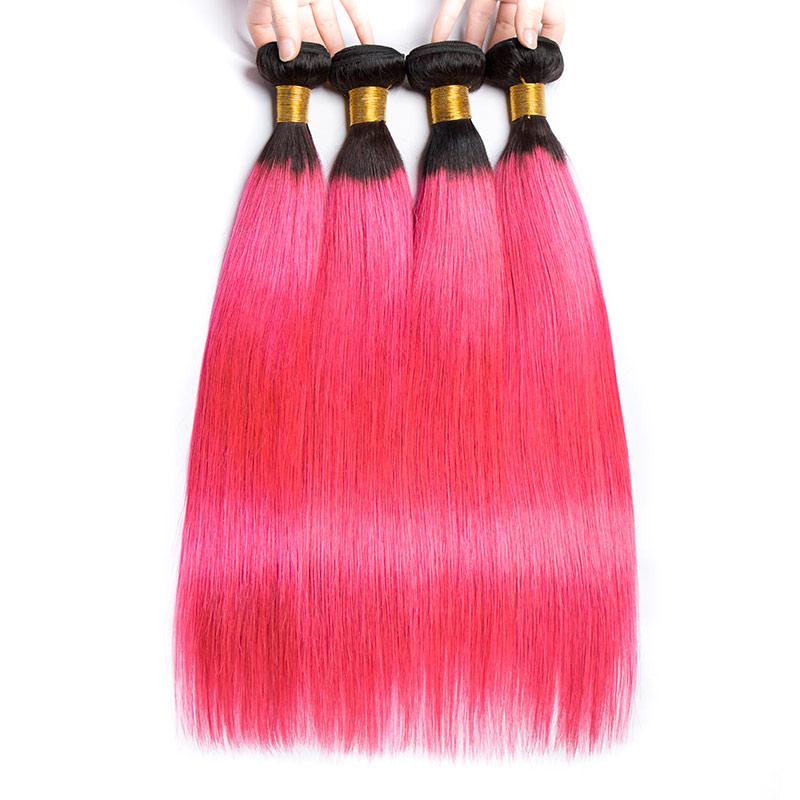 Modern Show Long Black Roots Pink Hair Straight Human Hair 4 Bundles Brazilian Weave Hair Extensions