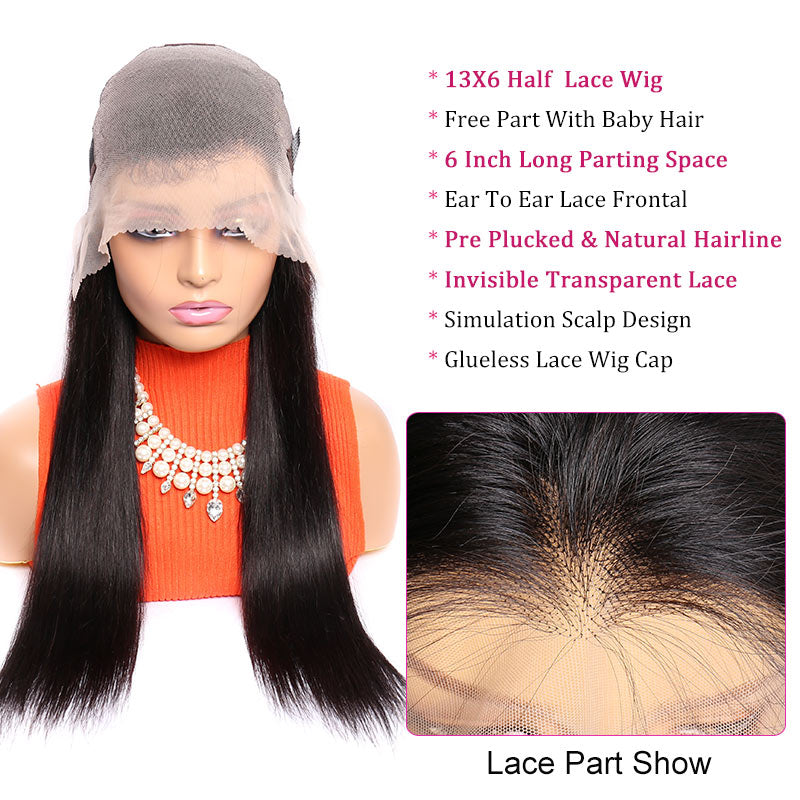 Modern Show 13x6 Transparent Half Lace Wig Brazilian Straight Human Hair Wigs Pre Plucked Frontal Wig