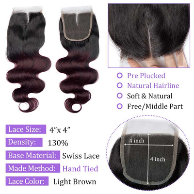 Modern Show Ombre Body Wave Hair 3 Bundles With Closure 1B/99j Dark Red Two Tone Color Brazilian Human Hair Weave