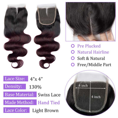 Modern Show Ombre Closure 1b/ Dark 99j Color Body Wave 4x4 Lace Closure With Baby Hair Remy Human Hair Swiss Lace Closure