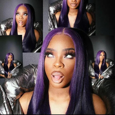 Modern Show Purple Brazilian Straight Human Hair Pre Plucked Transparent Lace Front Wigs For Women