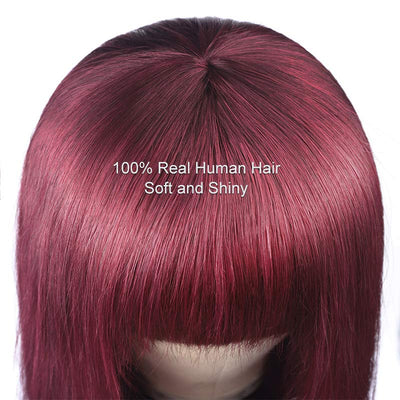 Modern Show 99j Hair Color Human Hair Wigs Burgundy Straight Wig With Bangs Glueless Remy Hair Full Machine Wigs