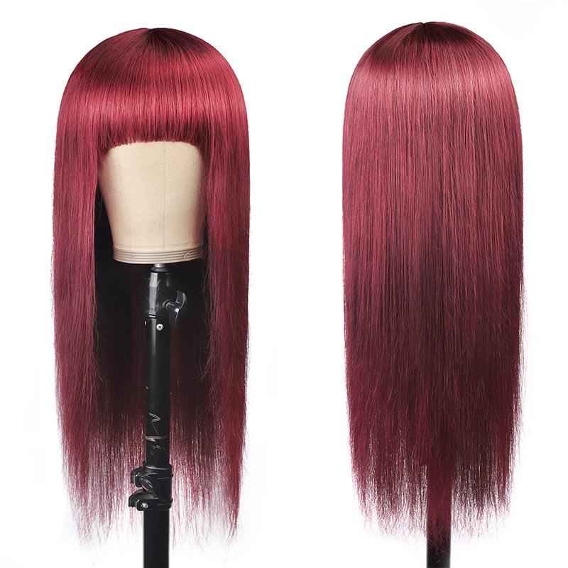 Modern Show 99j Hair Color Human Hair Wigs Burgundy Straight Wig With Bangs Glueless Remy Hair Full Machine Wigs