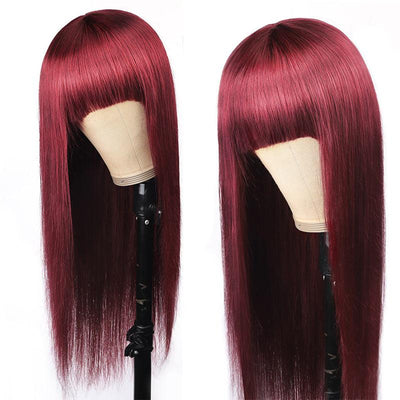 Modern Show 99j Hair Color Human Hair Wigs Burgundy Straight Wig With Bangs Glueless Remy Hair Full Machine Wigs