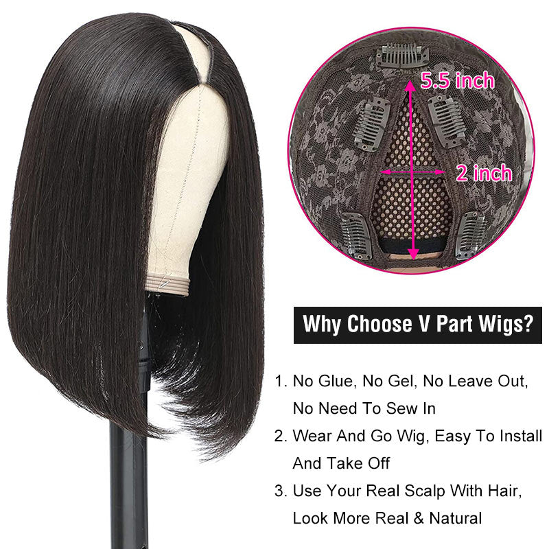 Modern Show Black Straight V Part Bob Wig Glueless Human Hair Wigs For Women