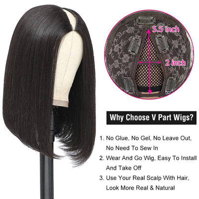 Modern Show Black Straight V Part Bob Wig Glueless Human Hair Wigs For Women