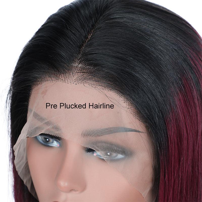 Modern Show 1b/99j Ombre Hair Color Wig Straight Human Hair Wigs Pre Plucked Lace Front Wig Dark Burgundy Color Hair