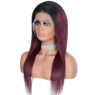 Modern Show 1b/99j Ombre Hair Color Wig Straight Human Hair Wigs Pre Plucked Lace Front Wig Dark Burgundy Color Hair