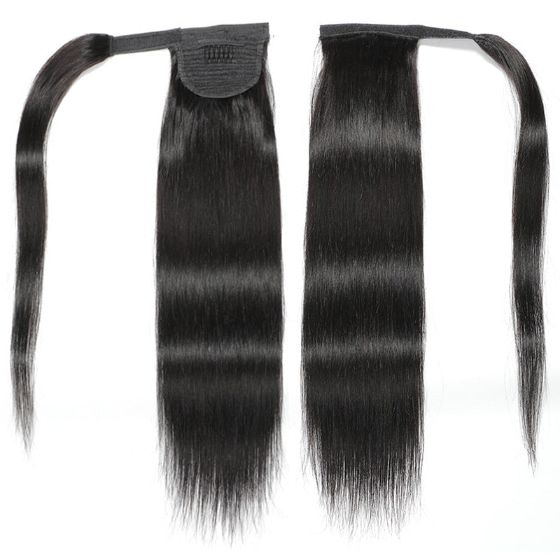 Modern Show Long Straight Human Hair Velcro Wrap Arount Ponytail With Bangs Clip In Remy Hair Extensions