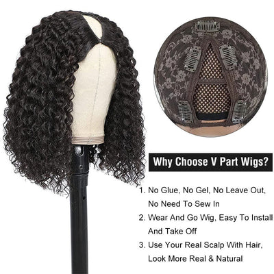 Modern Show Glueless V Part Bob Wig Natural Black Curly Human Hair Wigs For Women