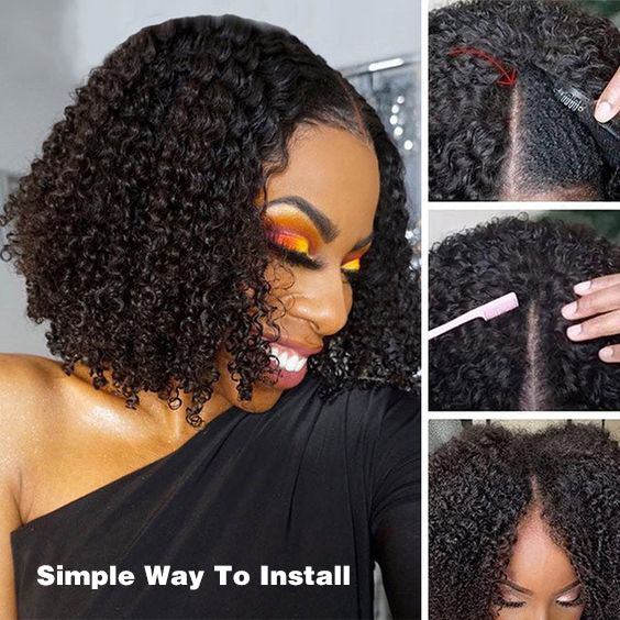Modern Show Glueless V Part Bob Wig Natural Black Curly Human Hair Wigs For Women