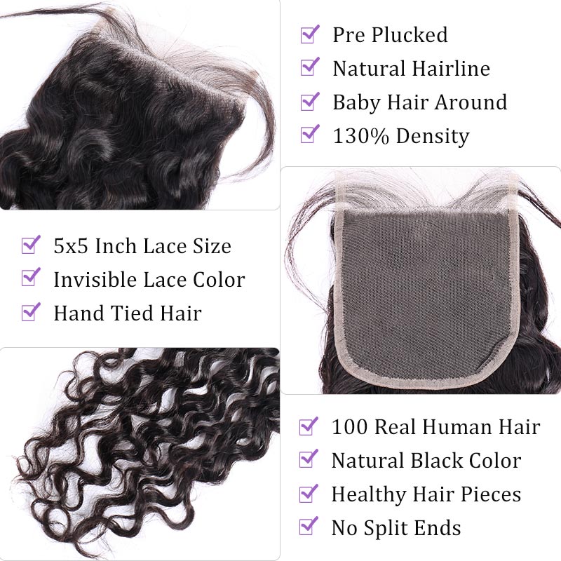 Modern Show Water Wave 5x5 Invisible Swiss Lace Closure Free Part With Baby Hair Remy Human Hair