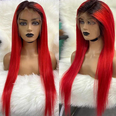 Modern Show 1b/Red Ombre Hair Color Wig Long Straight Human Hair Wigs Pre Plucked Lace Front Wig Brazilian Hair