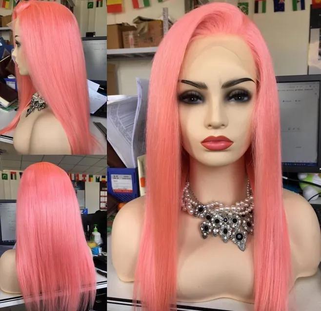 Modern Show Orange Pink Color Human Hair Lace Wig Long Brazilian Straight Hair Pre Plucked Lace Front Wig For Women
