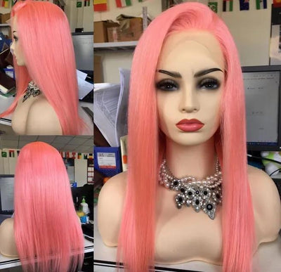 Modern Show Orange Pink Color Human Hair Lace Wig Long Brazilian Straight Hair Pre Plucked Lace Front Wig For Women