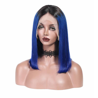 Modern Show Short Bob Wig Ombre 1b/Blue Color Brazilian Straight Human Hair Wigs Pre Plucked Lace Front Wigs For Women
