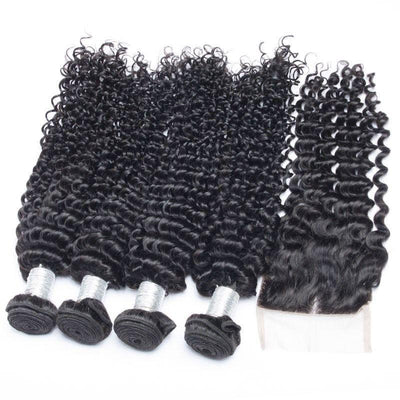 Modern Show Hair 10A Malaysian Virgin Remy Curly Weave Human Hair 4 Bundles With Lace Closure For -lace closure with bundles