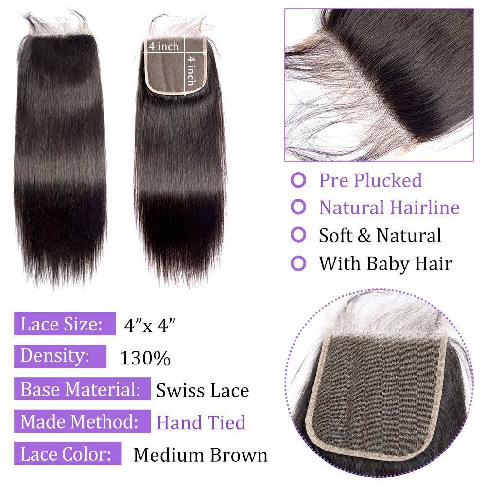 10A Modern Show Brazilian Virgin Remy Straight Human Hair 3 Bundles With Lace Closure-lace closure