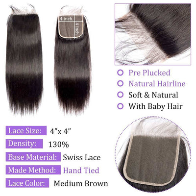 10A Modern Show Brazilian Virgin Remy Straight Human Hair 3 Bundles With Lace Closure-lace closure