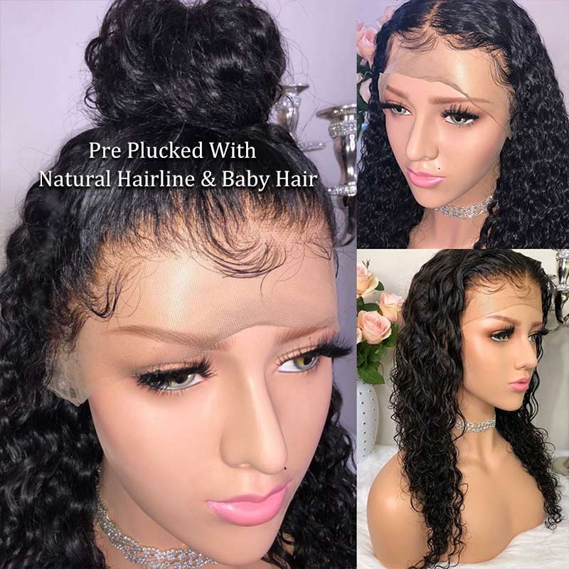 150 Density Brazilian Virgin Human Hair Water Wave Glueless Lace Front Wigs Half Lace Wigs