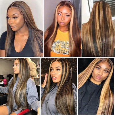 13x4 HD Lace Front Wig Omber Highlight Color Human Hair Wigs Pre Plucked Brazilian Straight Hair Wig