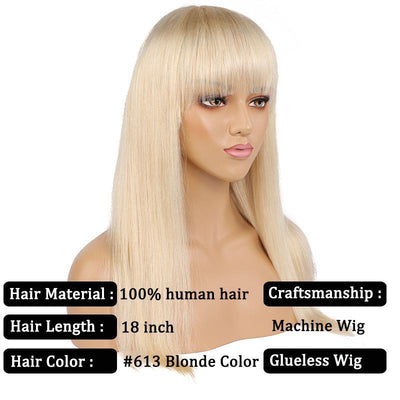 Modern Show 18 Inch 613 Honey Blonde Human Hair Wigs With Bangs Brazilian Straight Hair Glueless Machine Wig