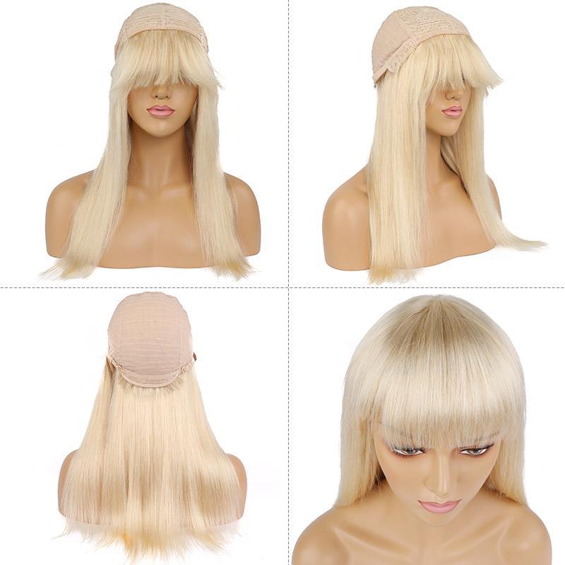 Modern Show 18 Inch 613 Honey Blonde Human Hair Wigs With Bangs Brazilian Straight Hair Glueless Machine Wig