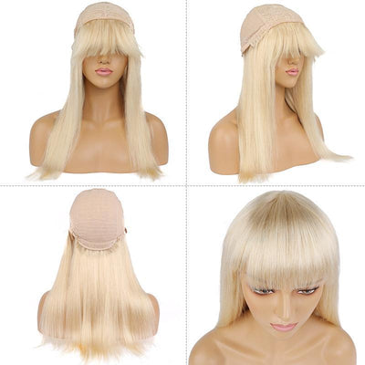 Modern Show 18 Inch 613 Honey Blonde Human Hair Wigs With Bangs Brazilian Straight Hair Glueless Machine Wig