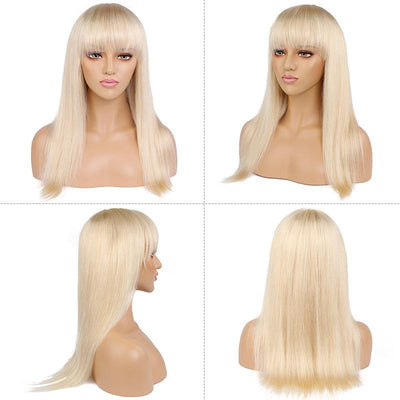Modern Show 18 Inch 613 Honey Blonde Human Hair Wigs With Bangs Brazilian Straight Hair Glueless Machine Wig
