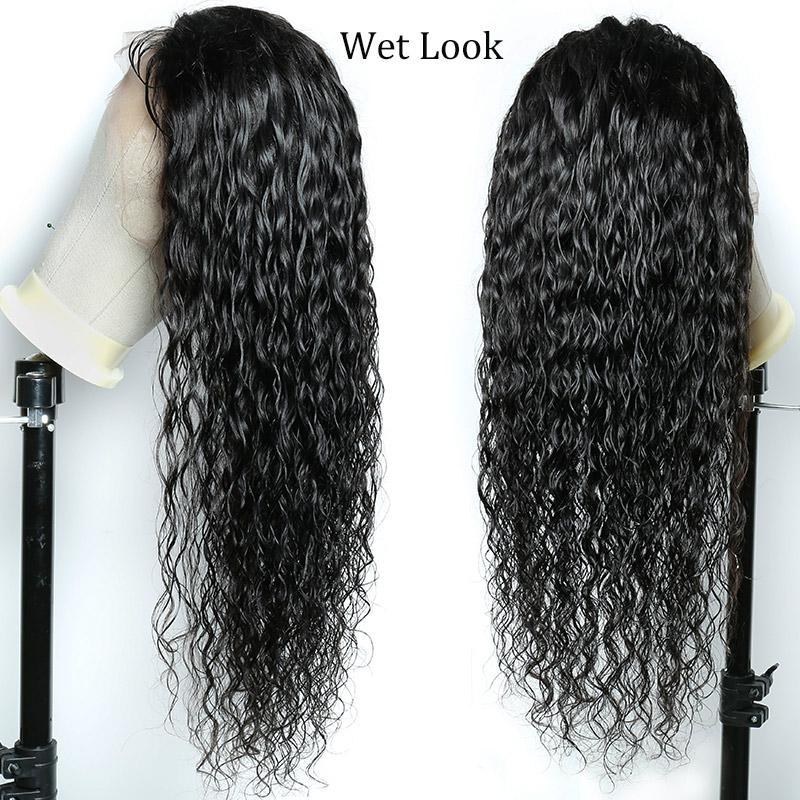 150 Density Modern Show Hair 100 Natural Raw Indian Virgin Human Hair Water Wave Lace Front Wigs On Sale-wet look