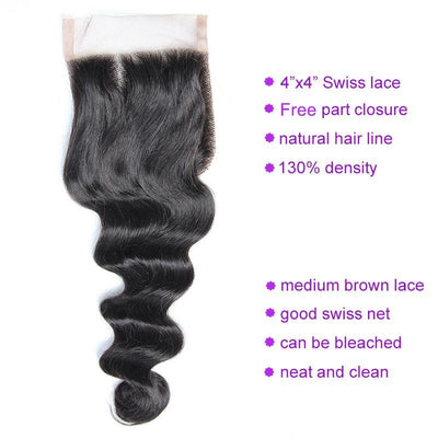 Modern Show 10A Grade Unprocessed Virgin Malaysian Loose Wave Human Hair 4 Bundles With Lace Closure-lace closure